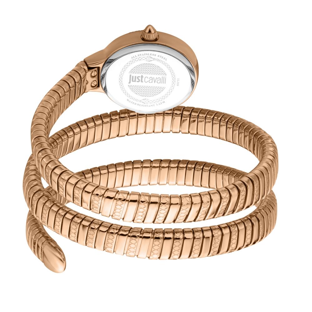 Rose gold watch case with caseback engraved with Just Cavalli branding and coiled bracelet