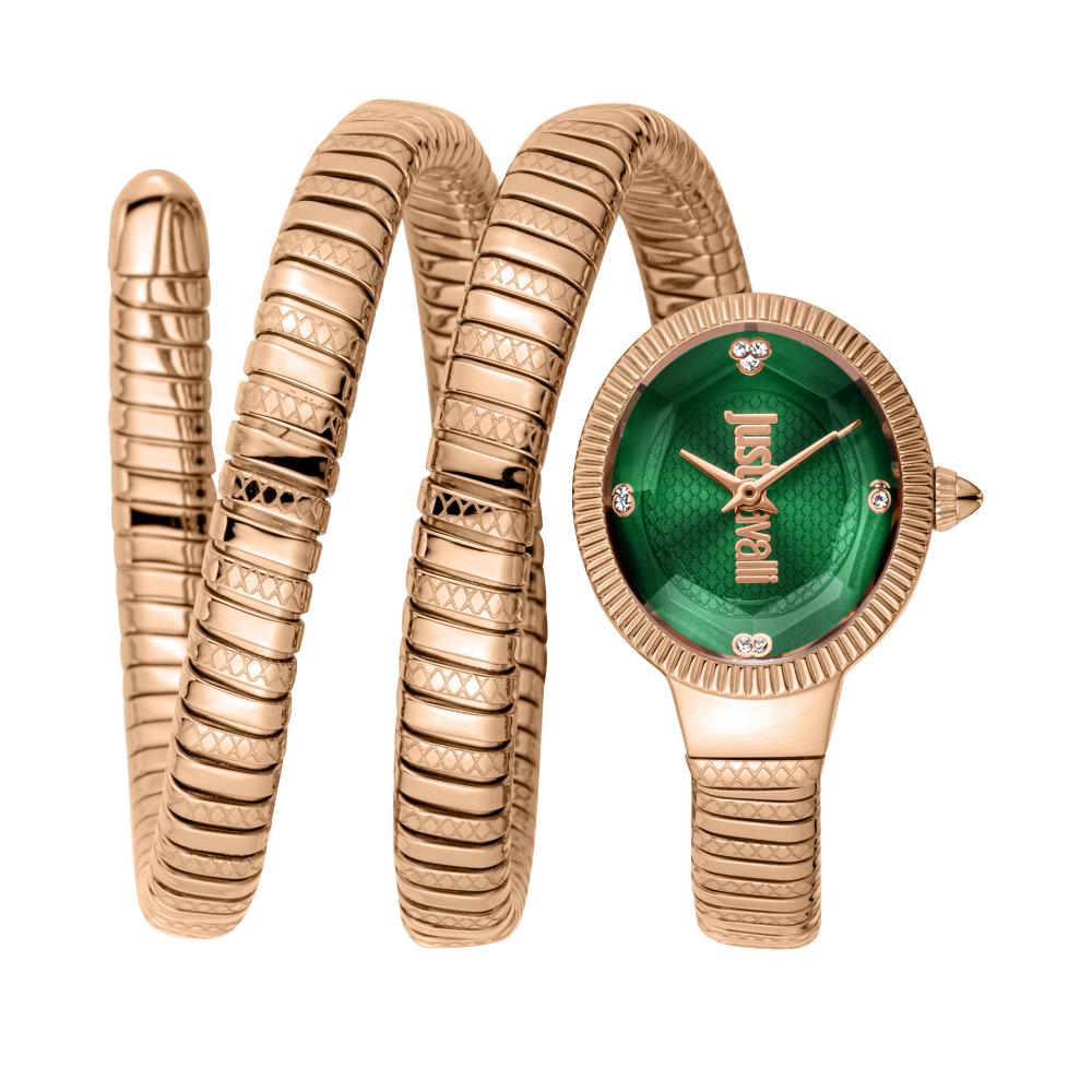 Just Cavalli After Party rose gold watch with green dial and flexible wrap bracelet