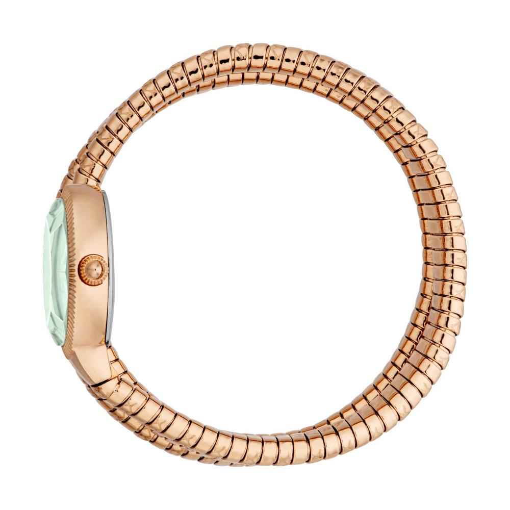 Just Cavalli After Party watch with green dial worn on wrist showing rose gold snake bracelet