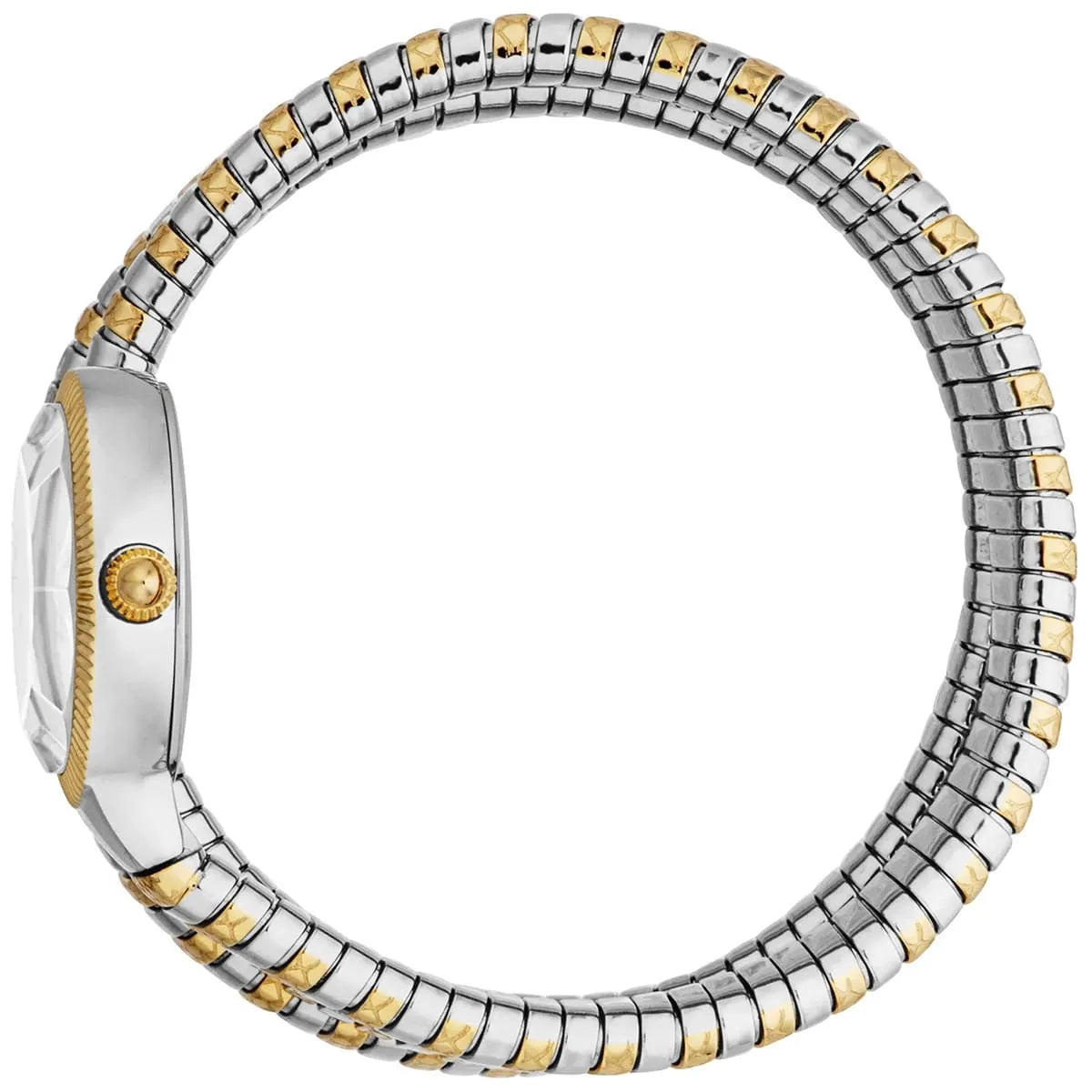 Just Cavalli After Party women's watch displayed flat showing two-tone gold and silver segmented snake-style strap