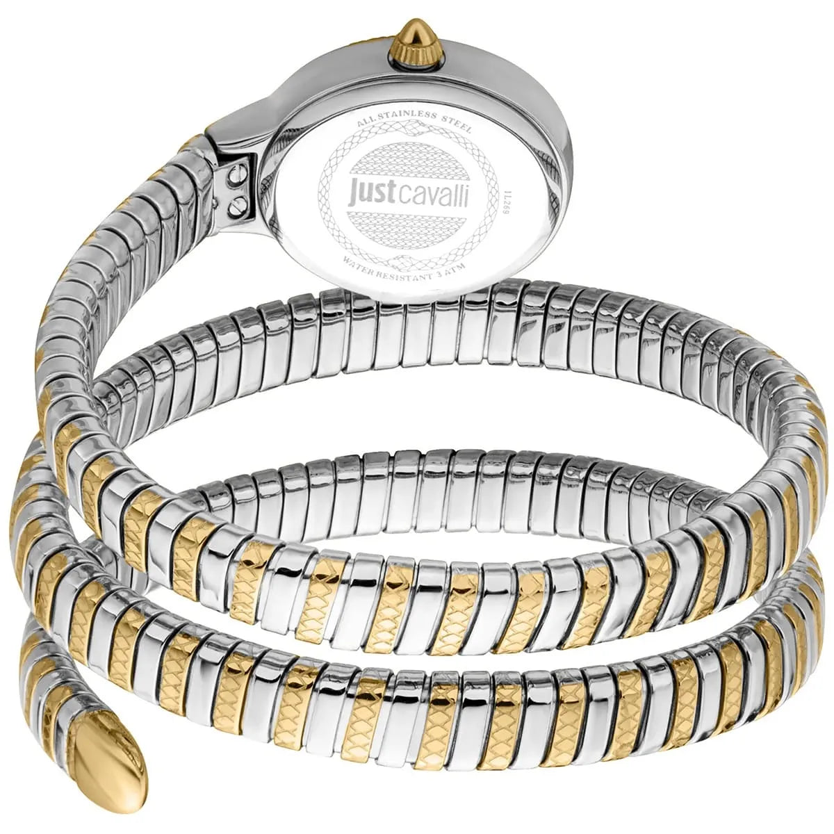 Just Cavalli After Party snake-inspired triple-wrap bracelet strap in two-tone gold and silver with caseback detail