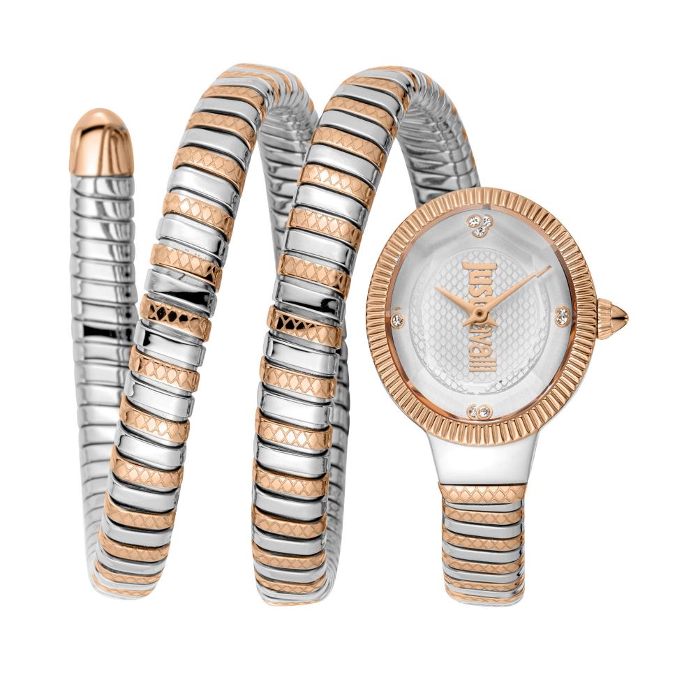 Just Cavalli AFTER PARTY silver analog women's watch with two-tone stainless steel and rose gold bracelet and bangle set