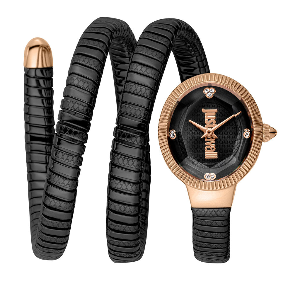 JUST CAVALLI After Party watch with rose gold case, black snake strap, and black dial with logo