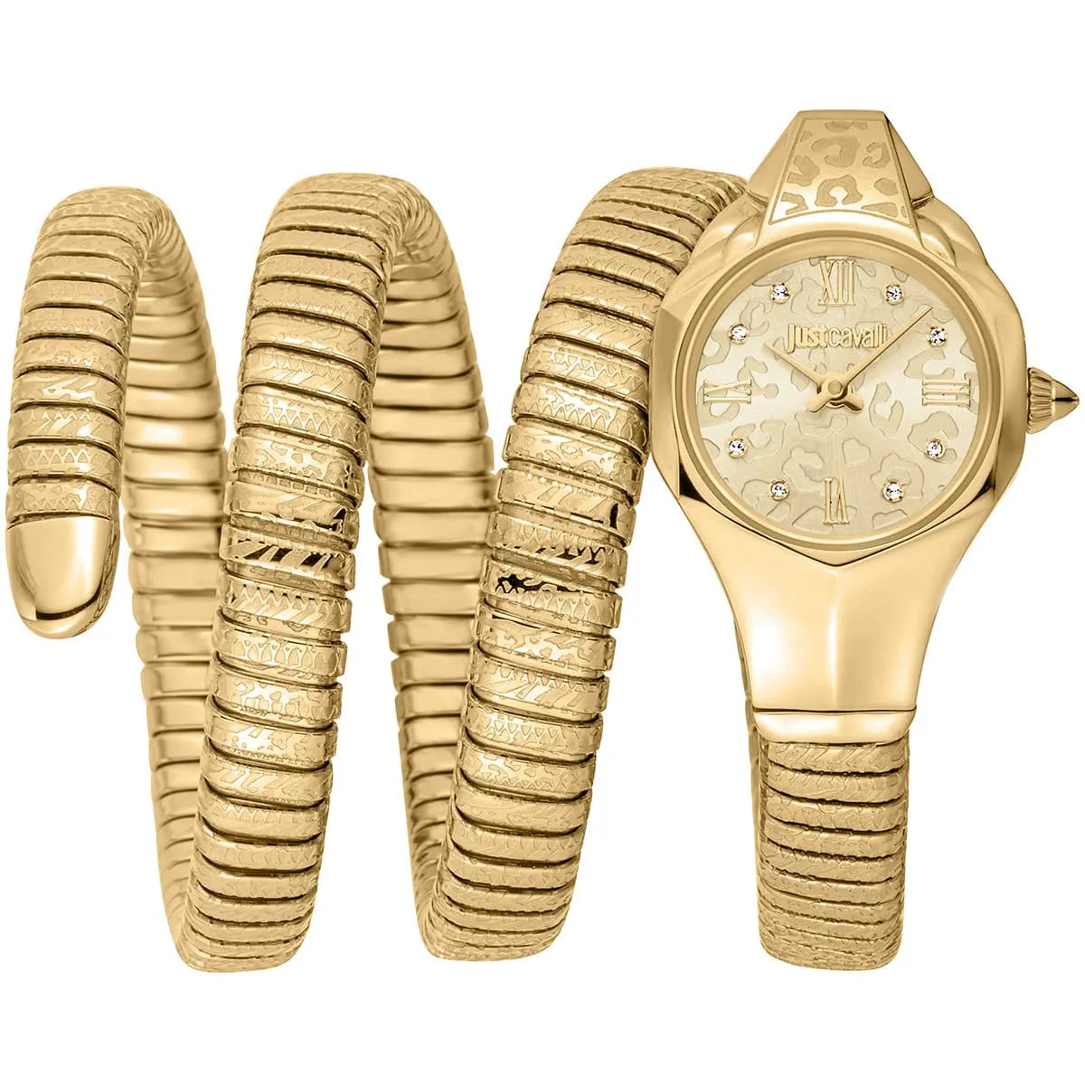 Just Cavalli Ravenna gold quartz watch with gold dial and triple-wrap snake strap