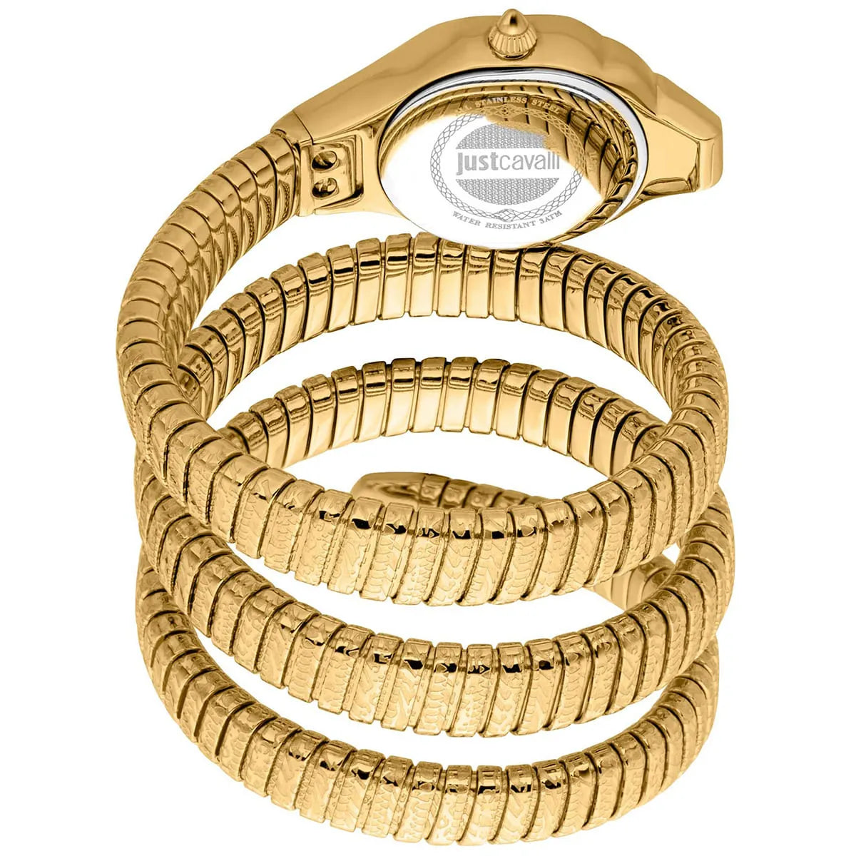 Triple-wrap snake bracelet strap detail with Just Cavalli branding visible