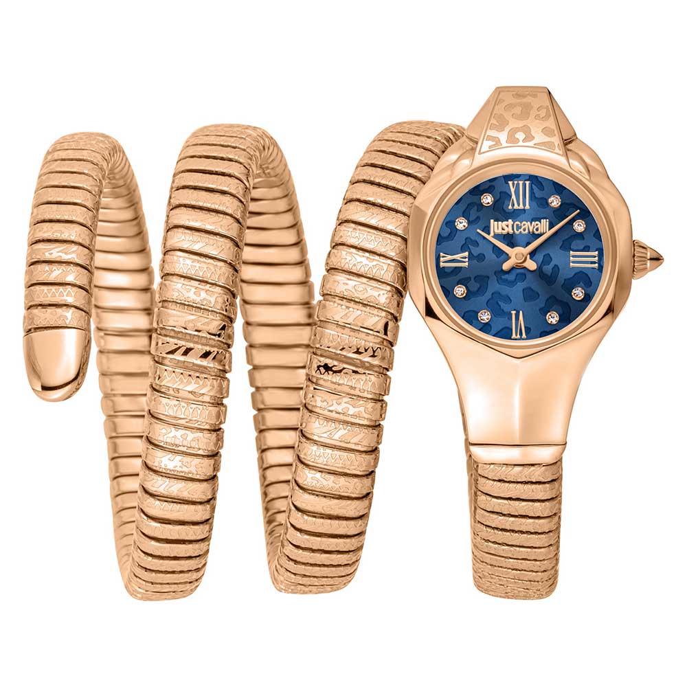 Just Cavalli Ravenna rose gold quartz watch with blue dial and coiled bracelet