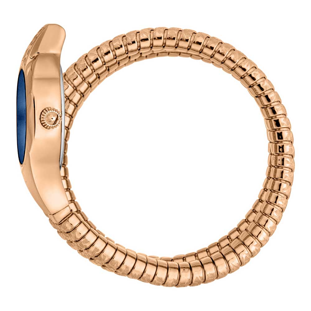 Just Cavalli Ravenna watch side view showing rose gold case and blue dial