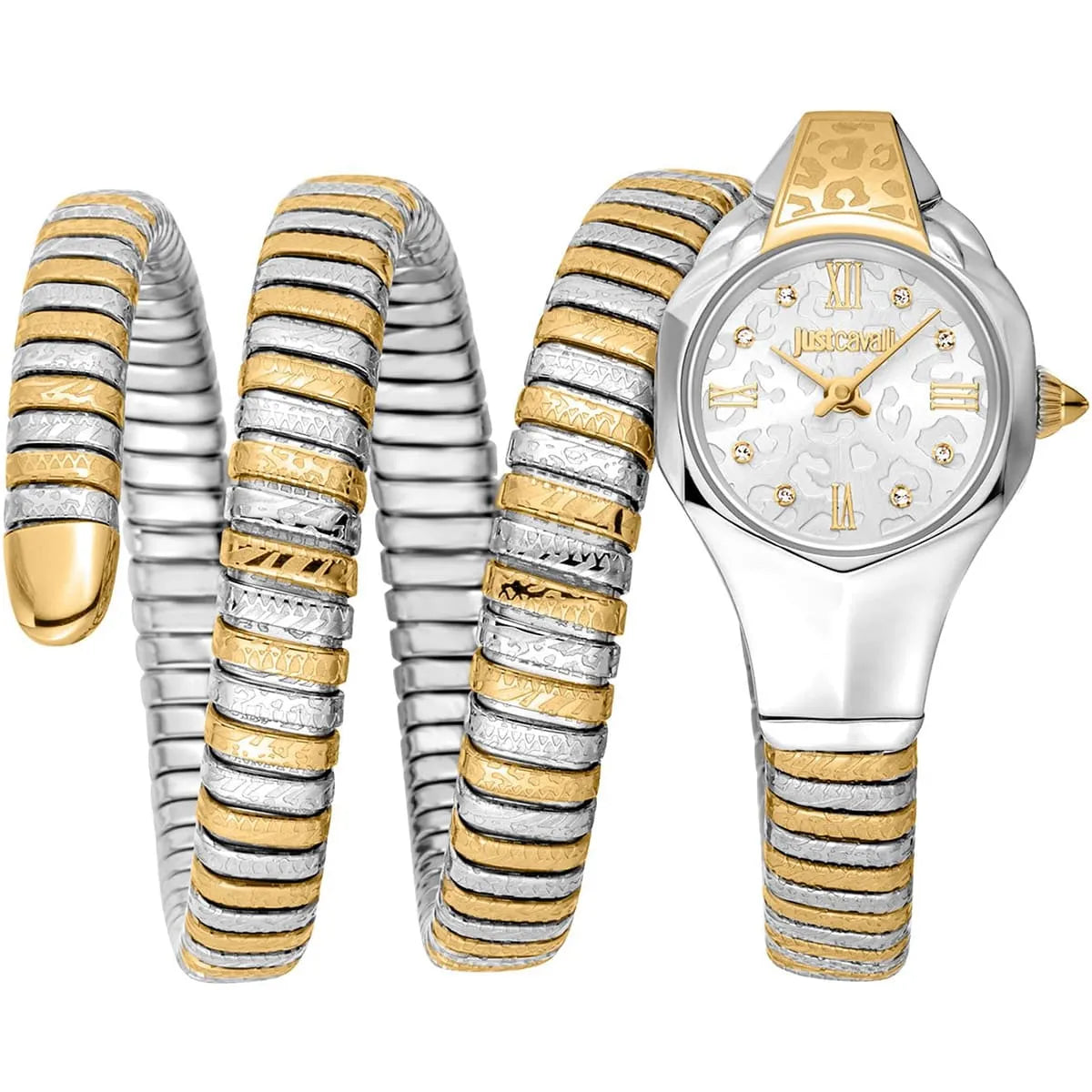 Just Cavalli Ravenna women's watch with silver dial and two-tone snake triple-wrap bracelet