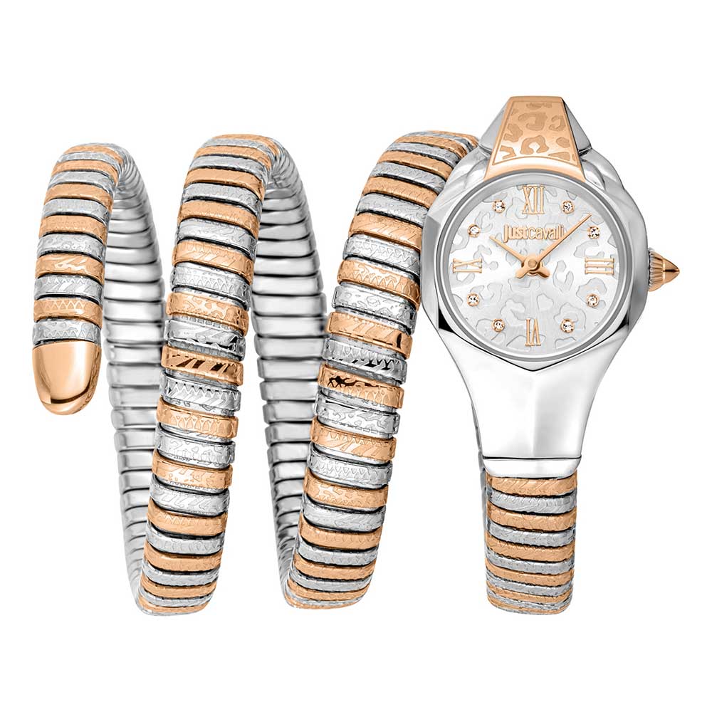 Just Cavalli Snake women's watch with two-tone silver and rose gold snake-textured bracelet and white dial