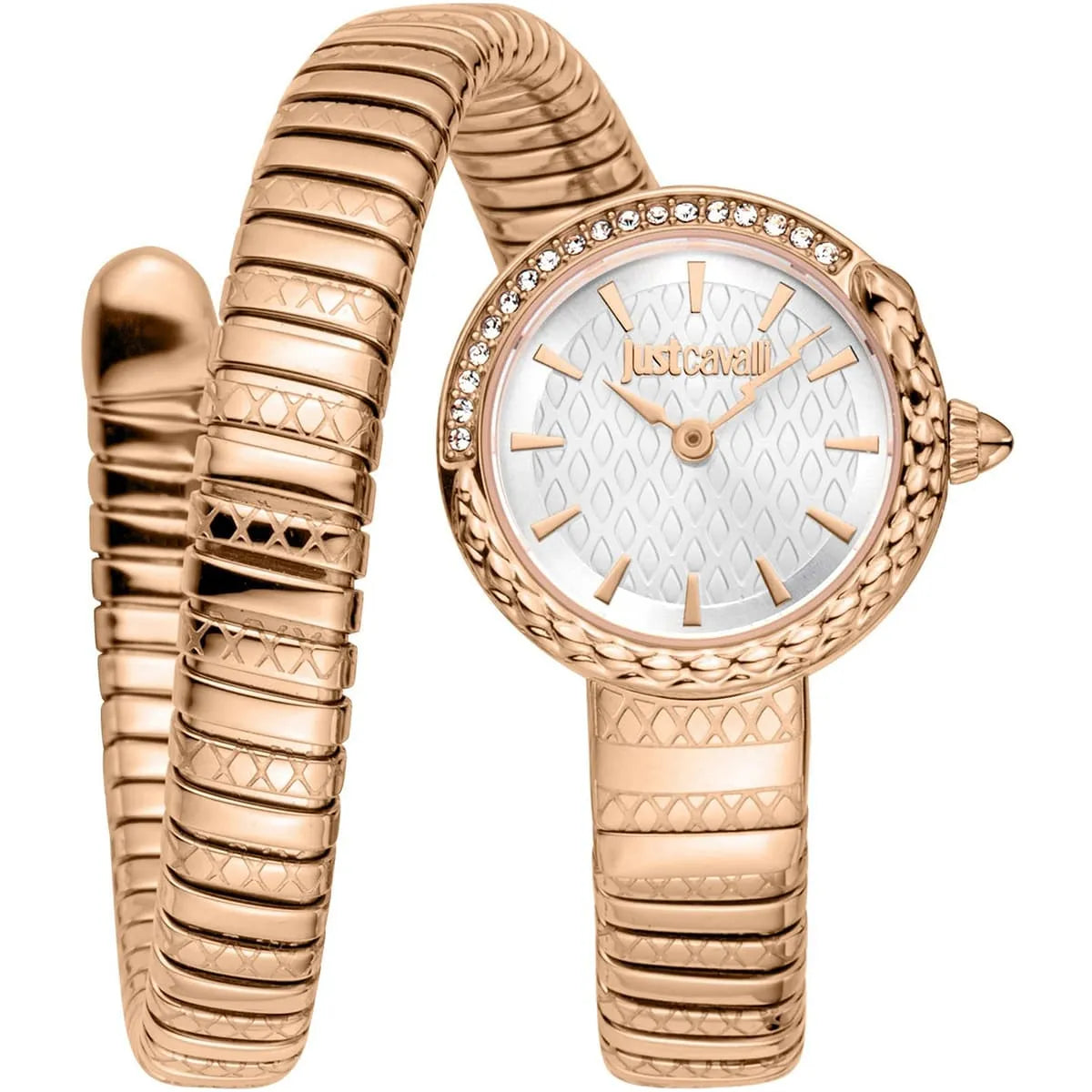 Just Cavalli Signature Snake rose gold women's watch with silver dial and matching snake-textured double-wrap bracelet
