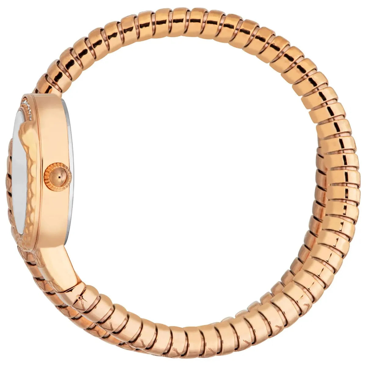 Just Cavalli Signature Snake rose gold watch worn on wrist with segmented snake-textured band