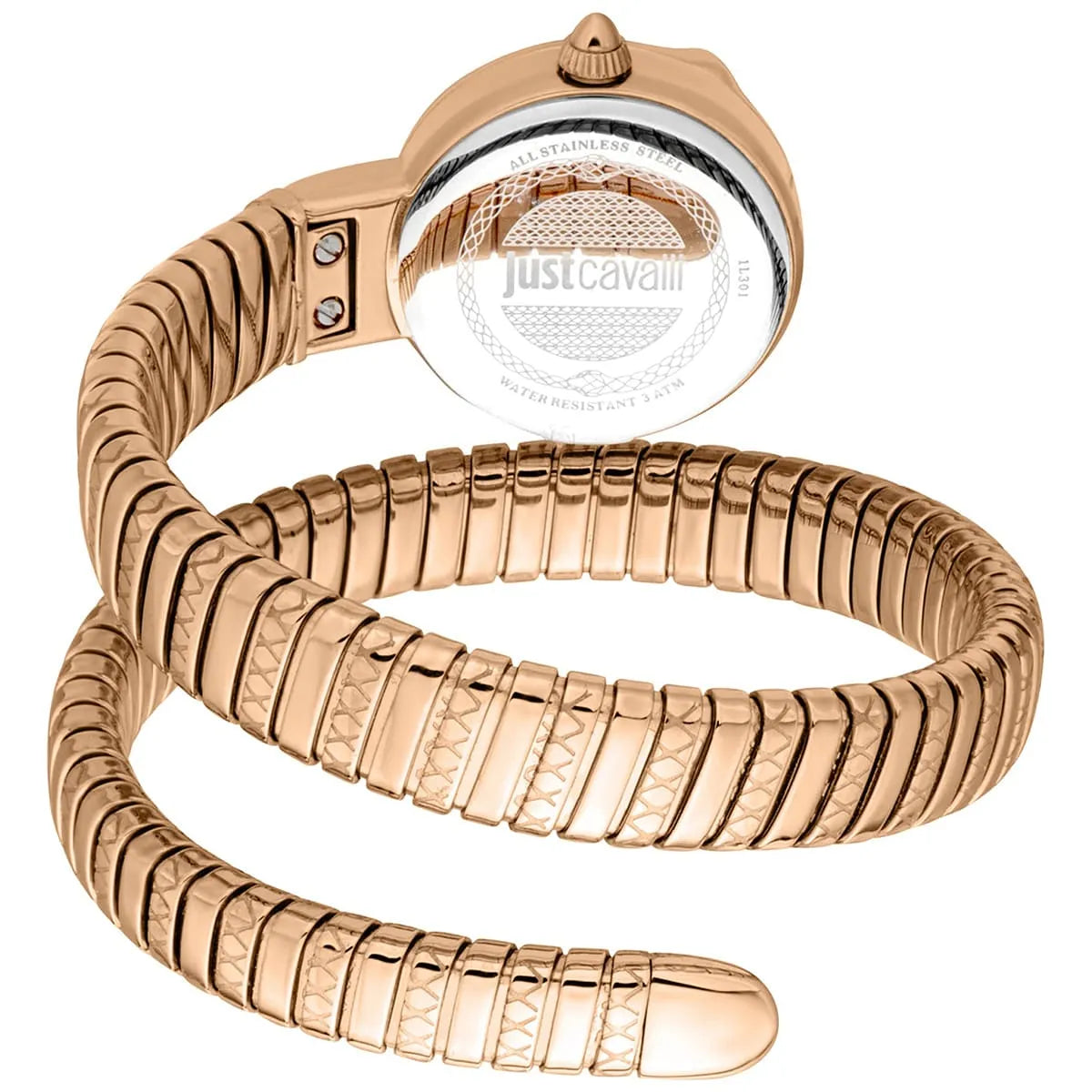 Just Cavalli Snake watch caseback showing engraved logo and rose gold snake-link strap