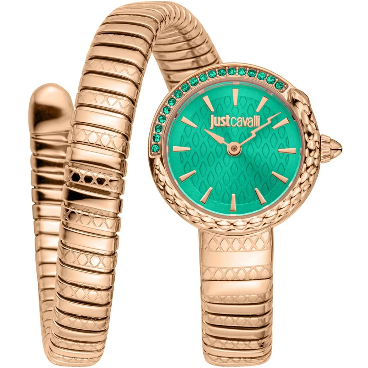 Just Cavalli Snake women's watch with green dial, rose gold case, and double-wrap snake bracelet