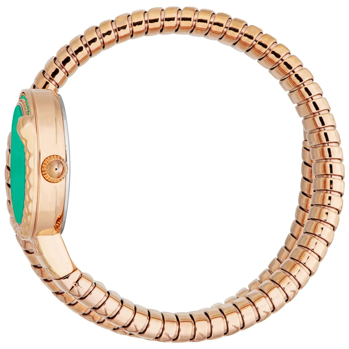 Just Cavalli Snake watch side profile with green dial and rose gold snake bracelet