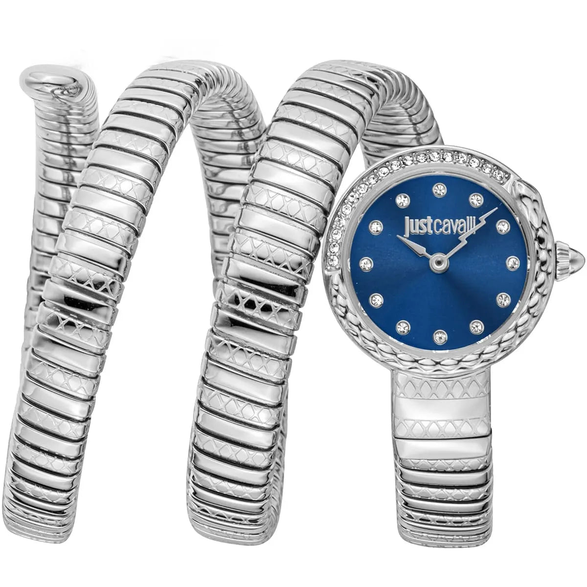 Just Cavalli Signature Snake women's watch with blue dial, diamond-set bezel, and silver stainless steel snake wrap strap