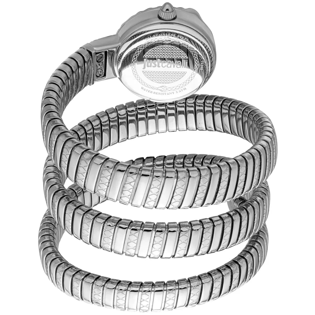 Just Cavalli Signature Snake watch showing snake-wrapped triple coil stainless steel band design