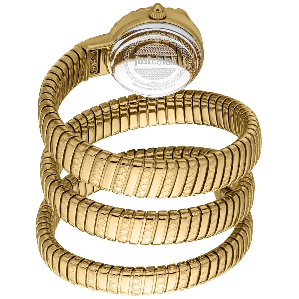 Just Cavalli Signature Snake watch shown at angle displaying triple-wrap gold serpent strap design