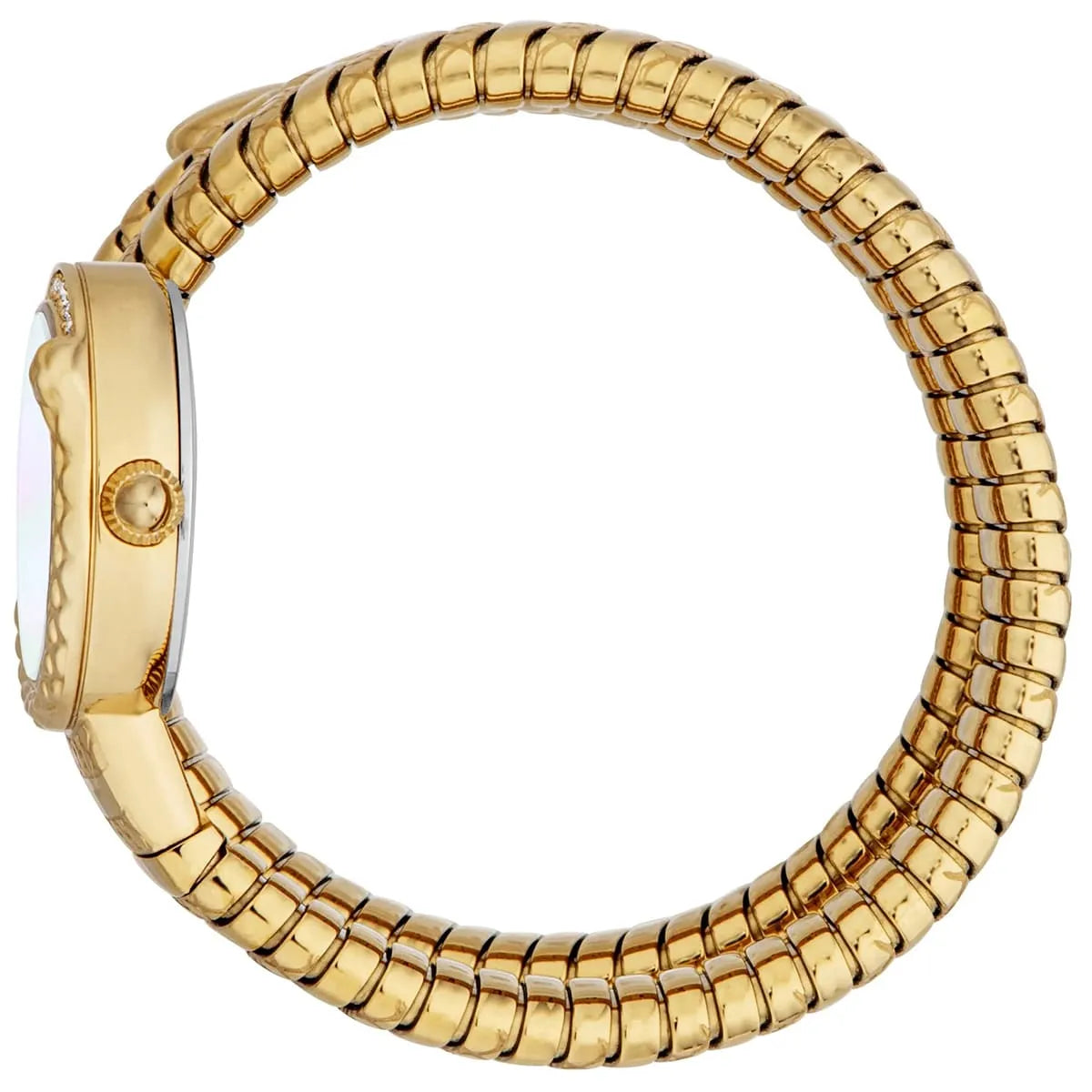 Just Cavalli Signature Snake gold watch with triple-wrap snake strap worn on wrist, side view
