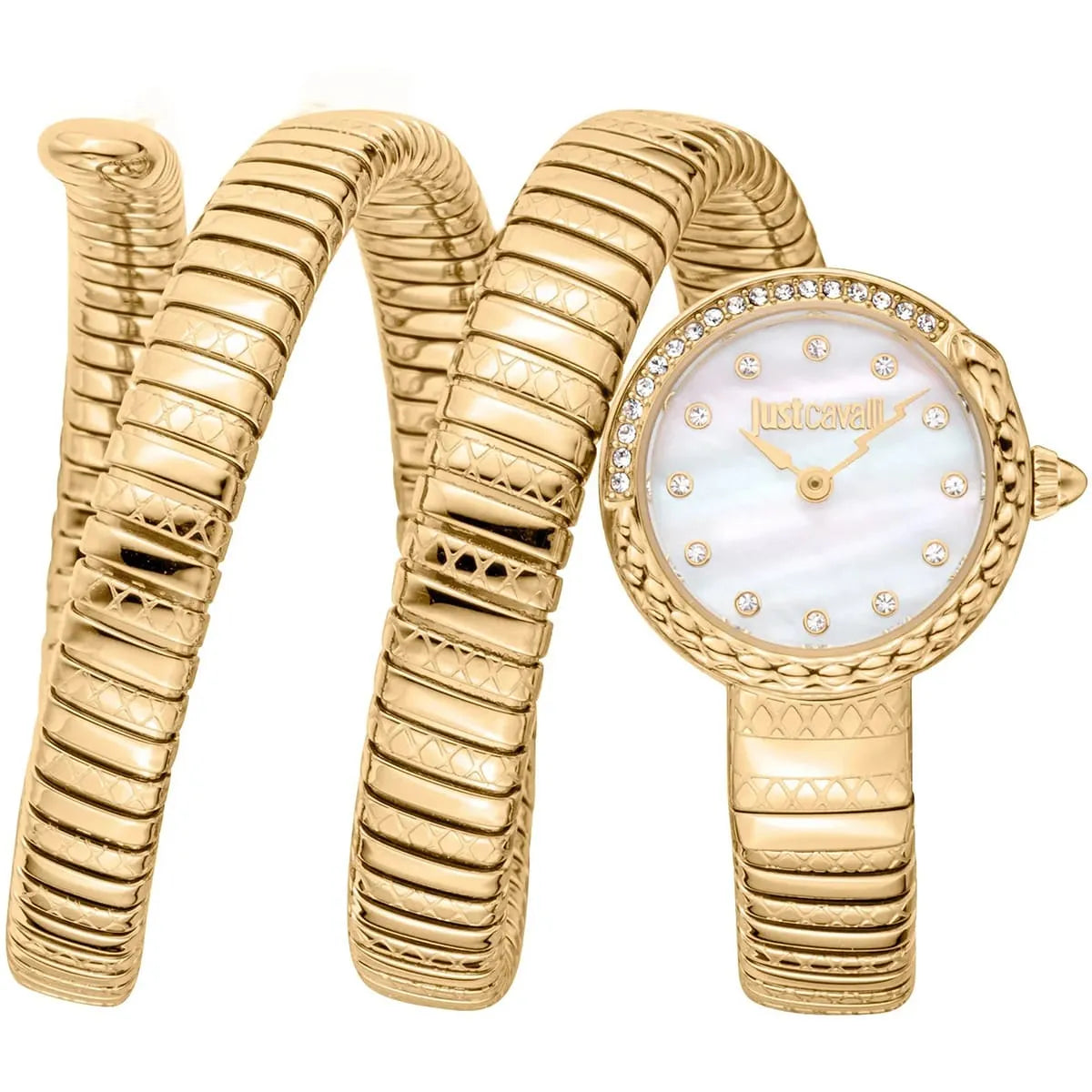 Just Cavalli Signature Snake yellow gold women's watch with white mother-of-pearl dial and triple-wrap snake strap