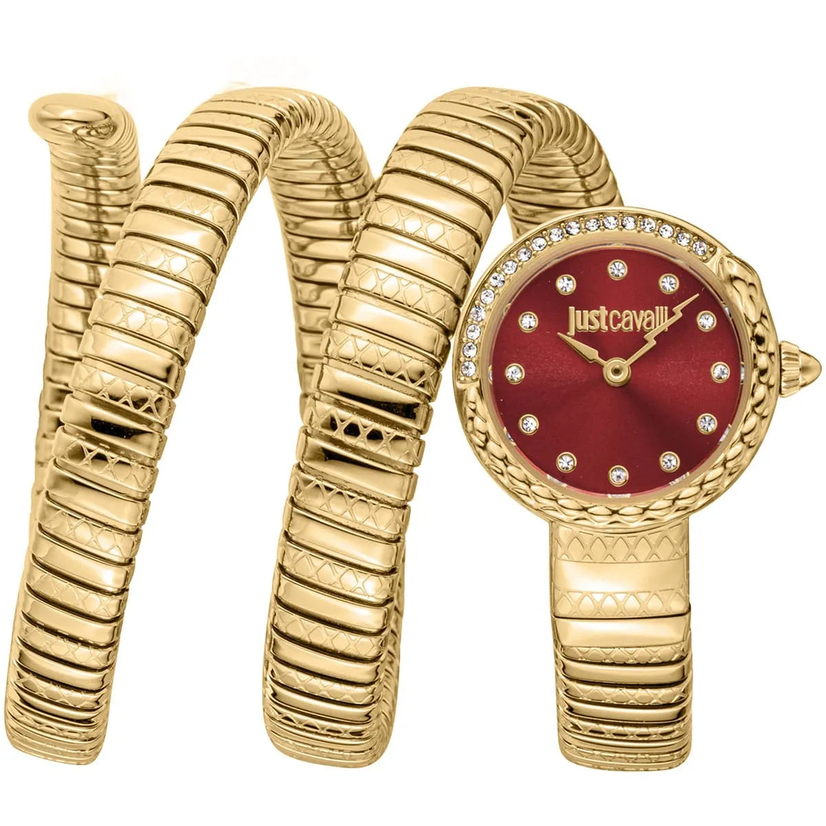 Just Cavalli Enchanting Snake women's watch with red dial, gold stainless steel triple-wrap strap and crystal bezel