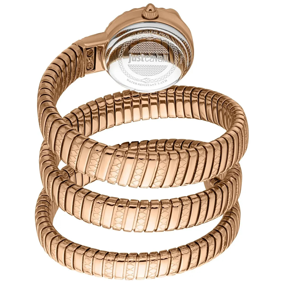 Rose gold snake-textured triple-wrap strap with case back visible, full view