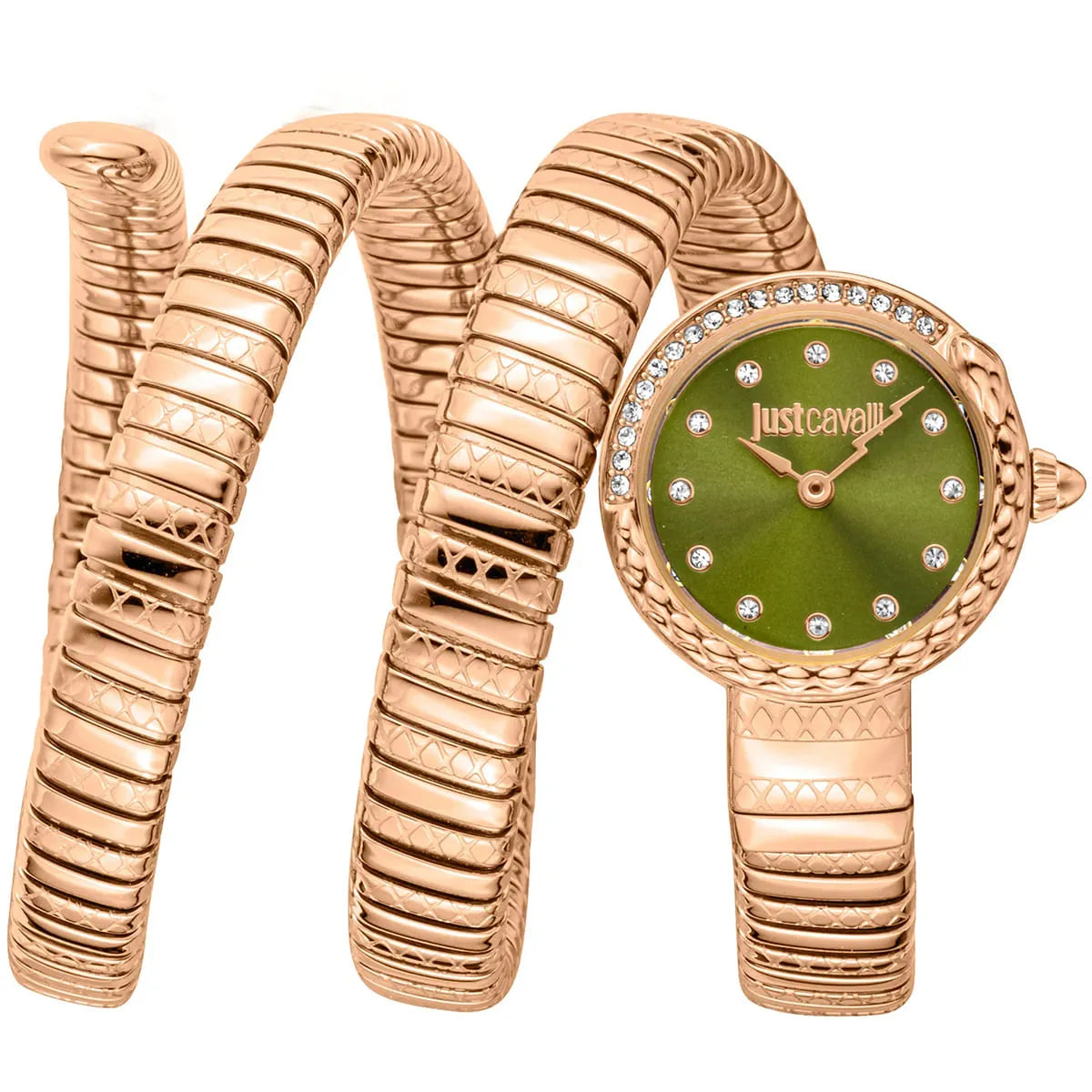 Just Cavalli Enchanting women's watch with green dial, rose gold snake triple-wrap strap and crystal bezel