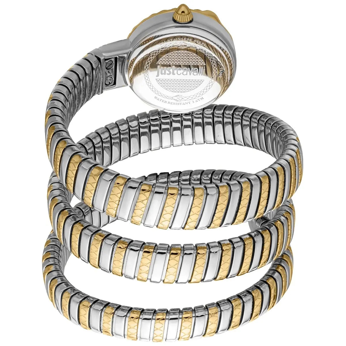 Just Cavalli Signature Snake watch showing triple-wrap serpent strap design with alternating silver and gold segmented bands