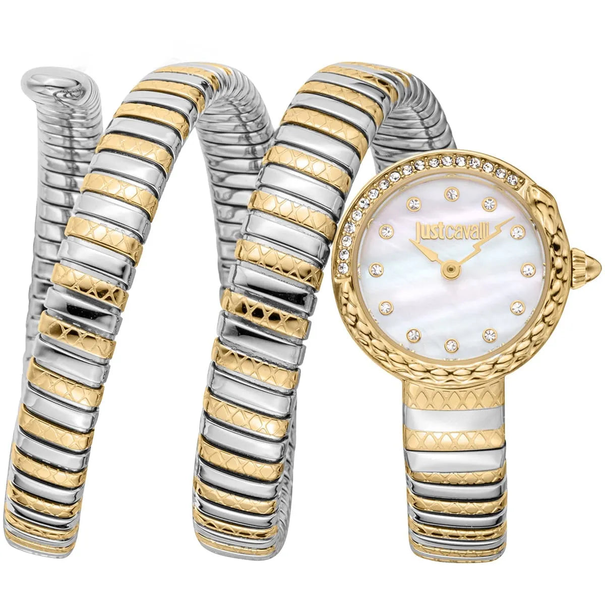 Just Cavalli Signature Snake women's watch with white mother-of-pearl dial, crystal markers, two-tone gold and silver serpent wrap strap