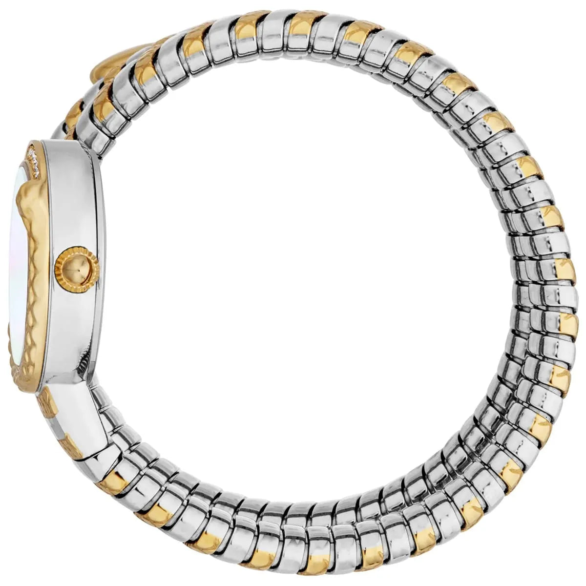 Just Cavalli Signature Snake watch side view displaying two-tone segmented snake-inspired strap wrapping around case