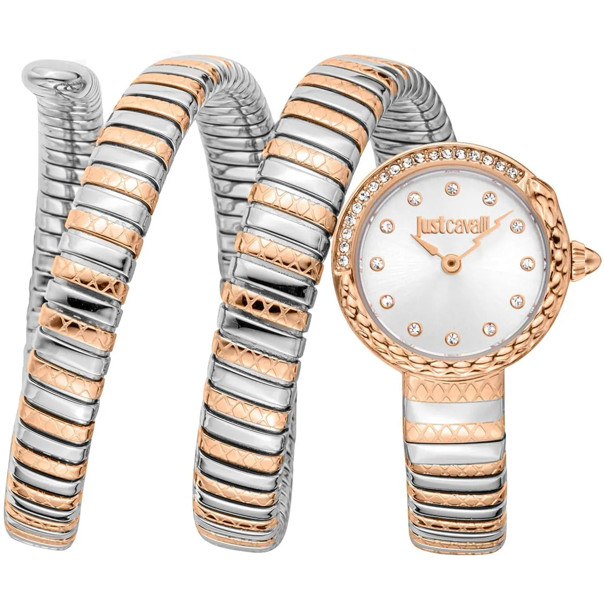 Just Cavalli Enchanting watch with rose gold and silver snake strap, white dial, and crystal bezel