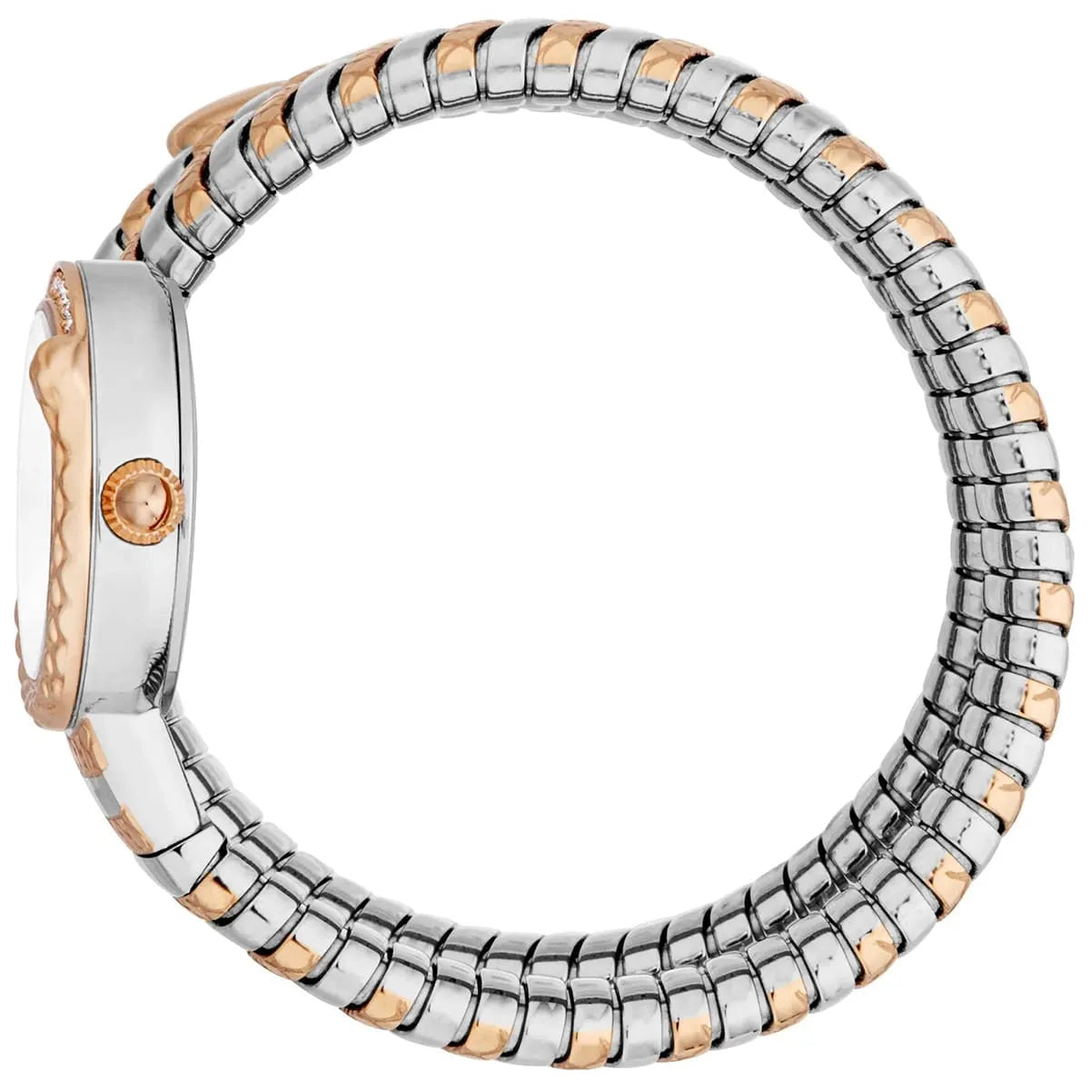 Just Cavalli Enchanting watch side view showing rose gold and silver snake strap design