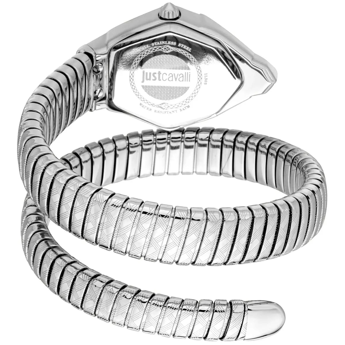 Just Cavalli Ornato watch at angle showing hexagonal case and spiral snake bracelet with crystals