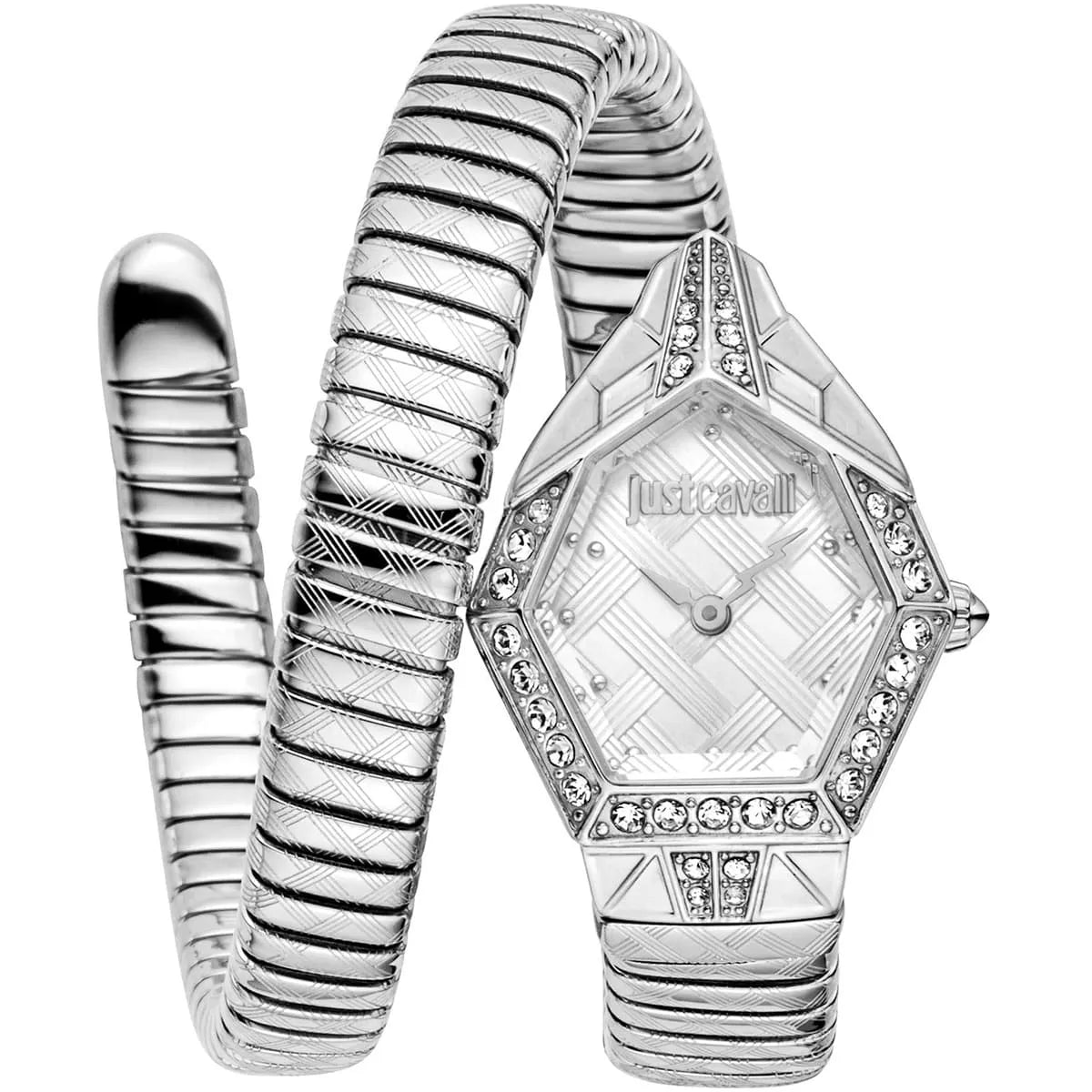 Just Cavalli Ornato women's watch with silver dial, snake-wrap stainless steel bracelet, and crystal-set bezel