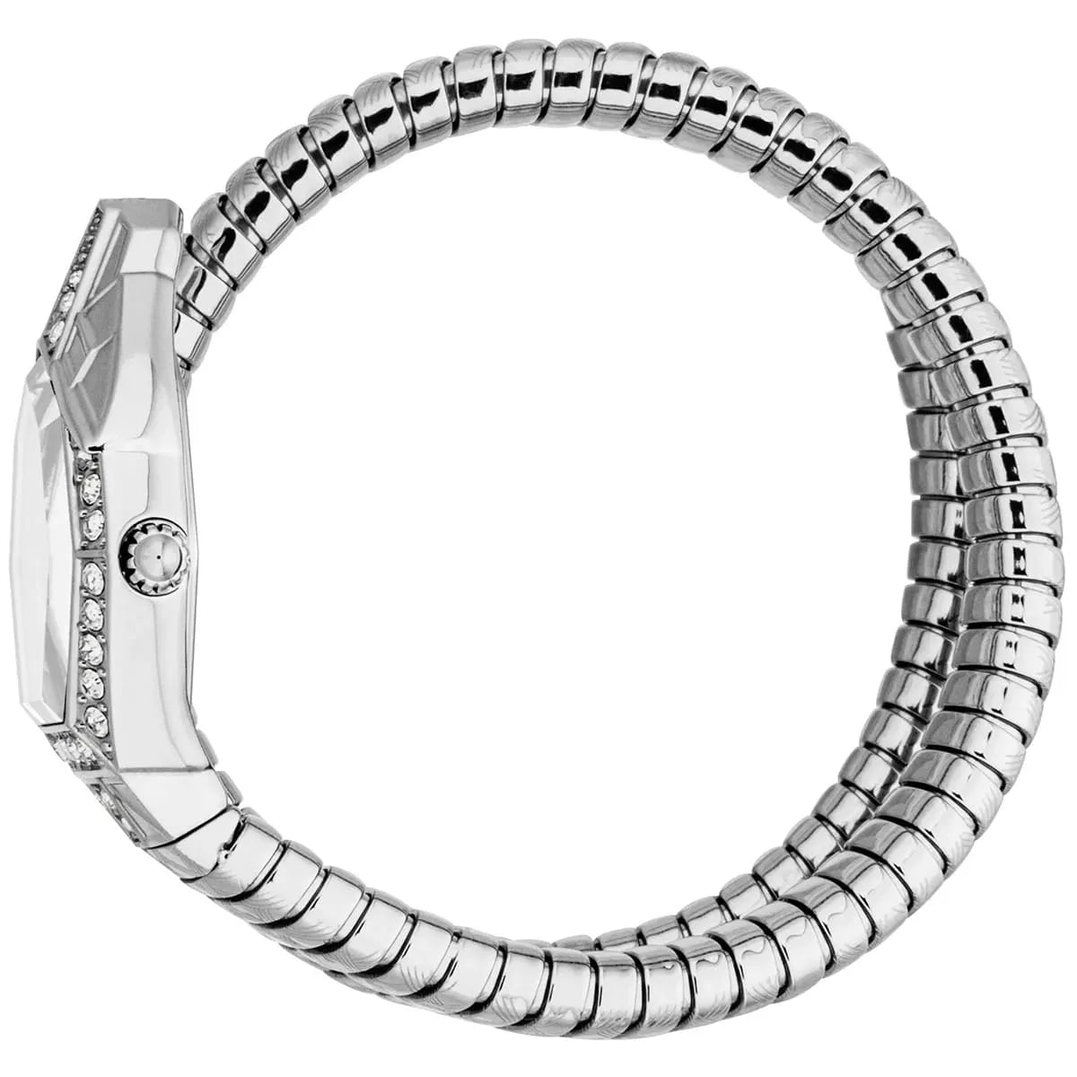 Just Cavalli Ornato watch worn, showing full snake-wrap bracelet and case profile