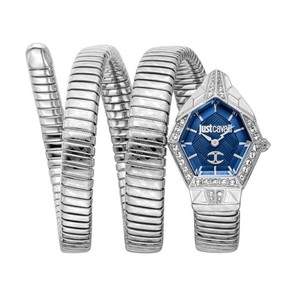 Just Cavalli Signature Snake watch with silver snake-coil bracelet and blue dial