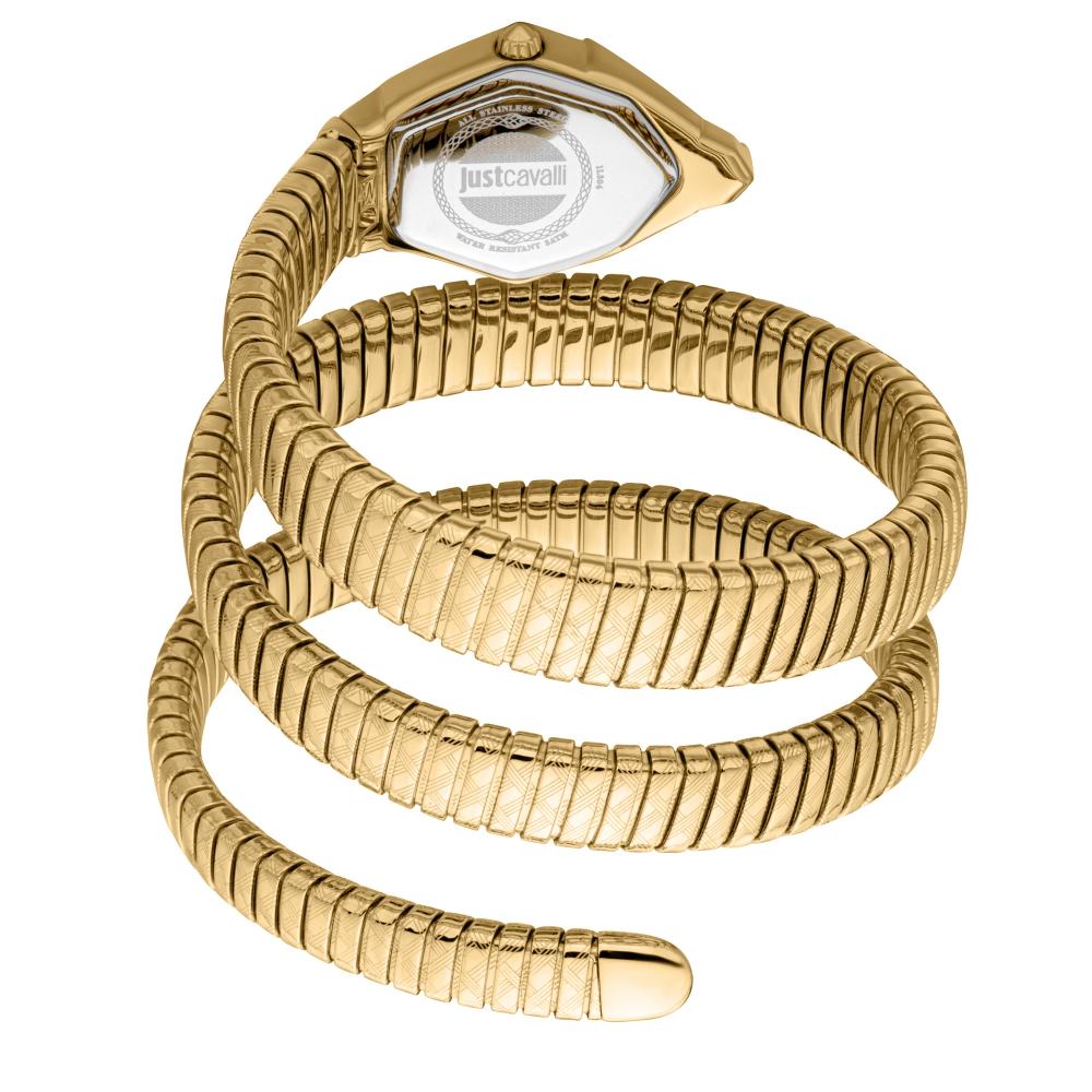 Gold steel coiled snake strap wrap with case back detail showing watch mechanism