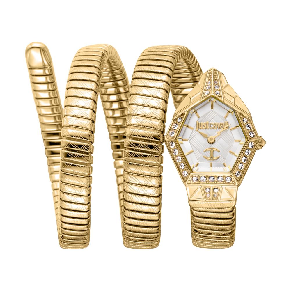 Just Cavalli Mesmerizing women's watch with white dial, gold steel hexagonal case, and coiled gold strap
