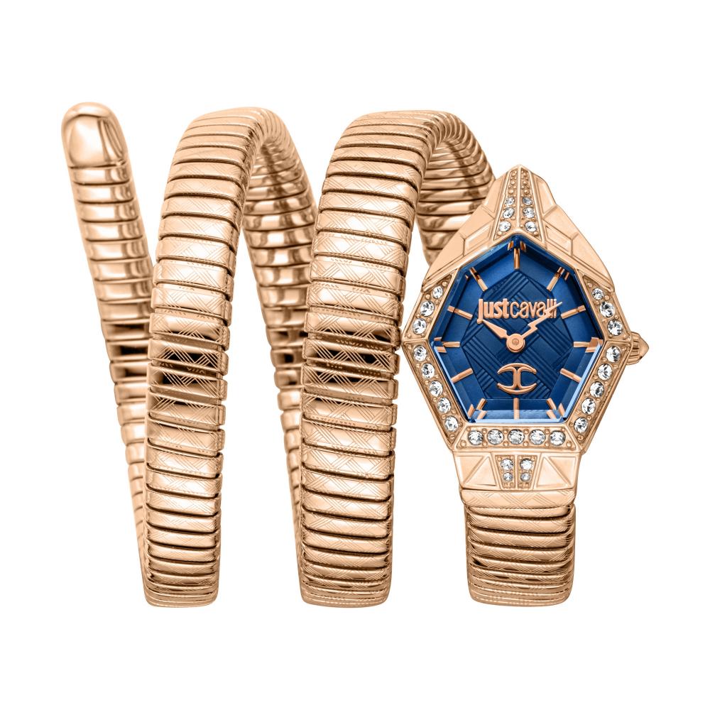 Just Cavalli Mesmerizing watch with blue dial, rose gold case, crystal bezel, and coiled snake bracelet