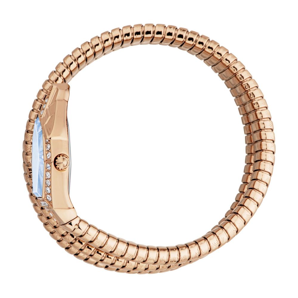 On-wrist view of Just Cavalli Mesmerizing watch with coiled rose gold bracelet and blue dial