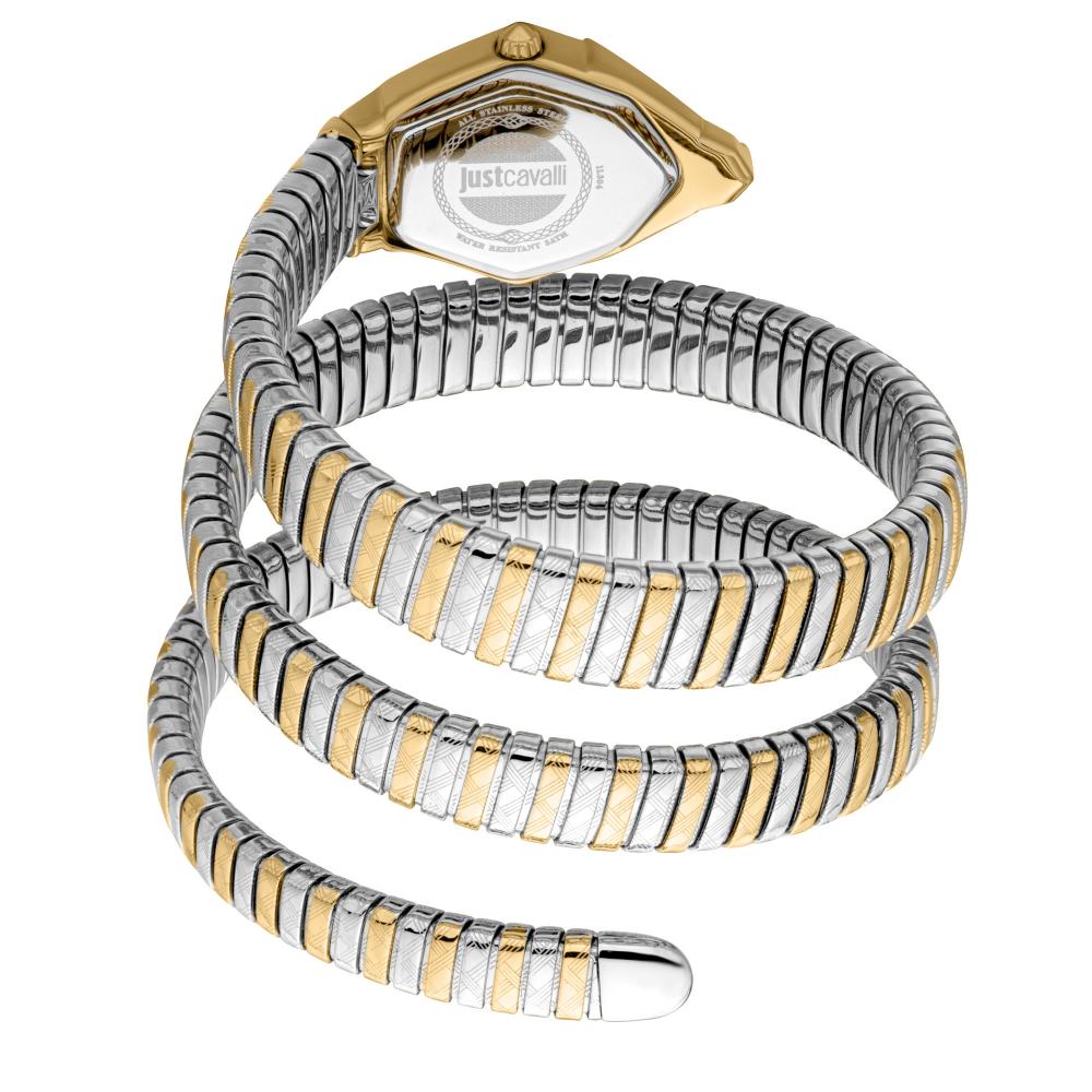 Just Cavalli Snake watch displayed showing wrap-around snake strap design and two-tone gold and silver finish