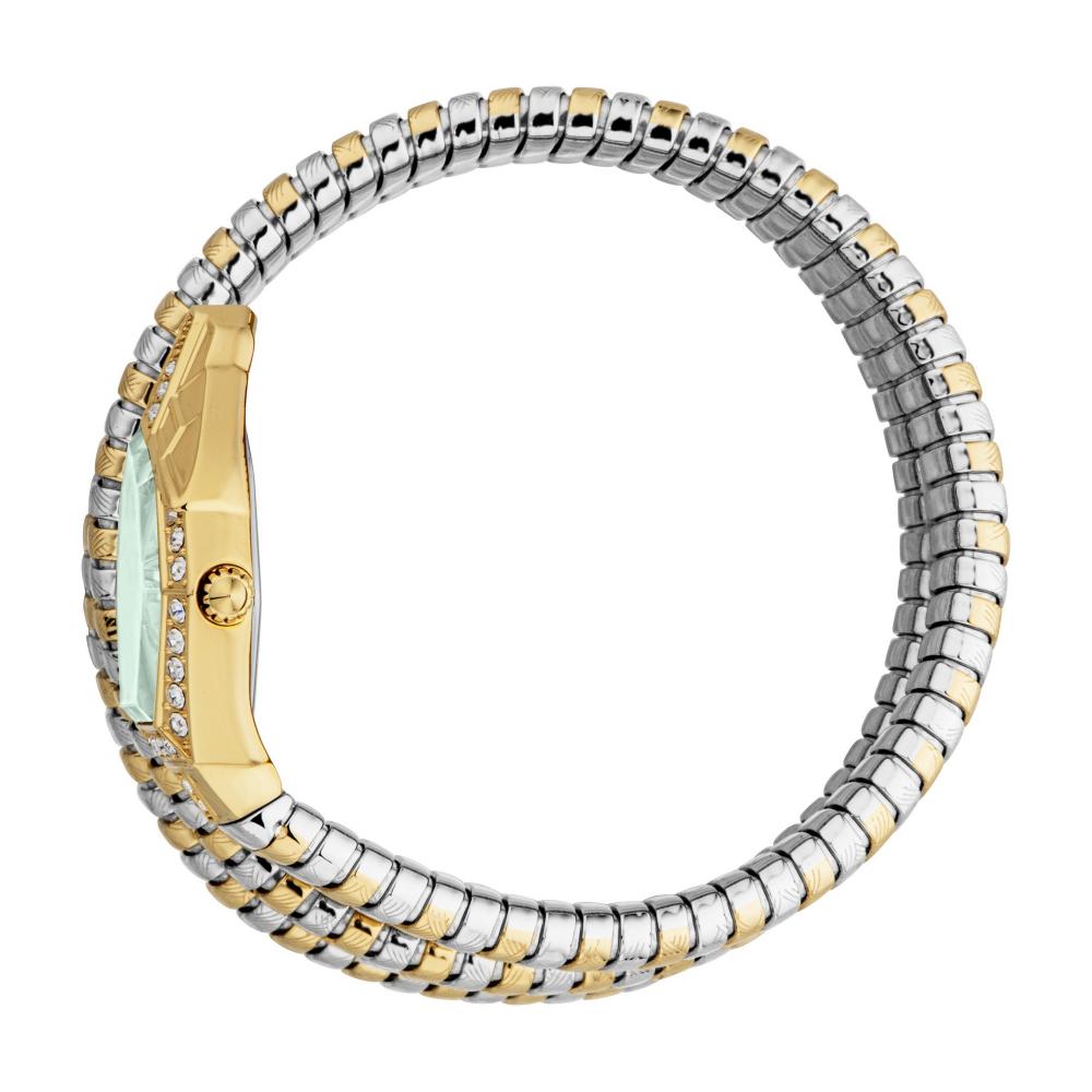 Just Cavalli watch side view showing two-tone YG and stainless steel spiral band