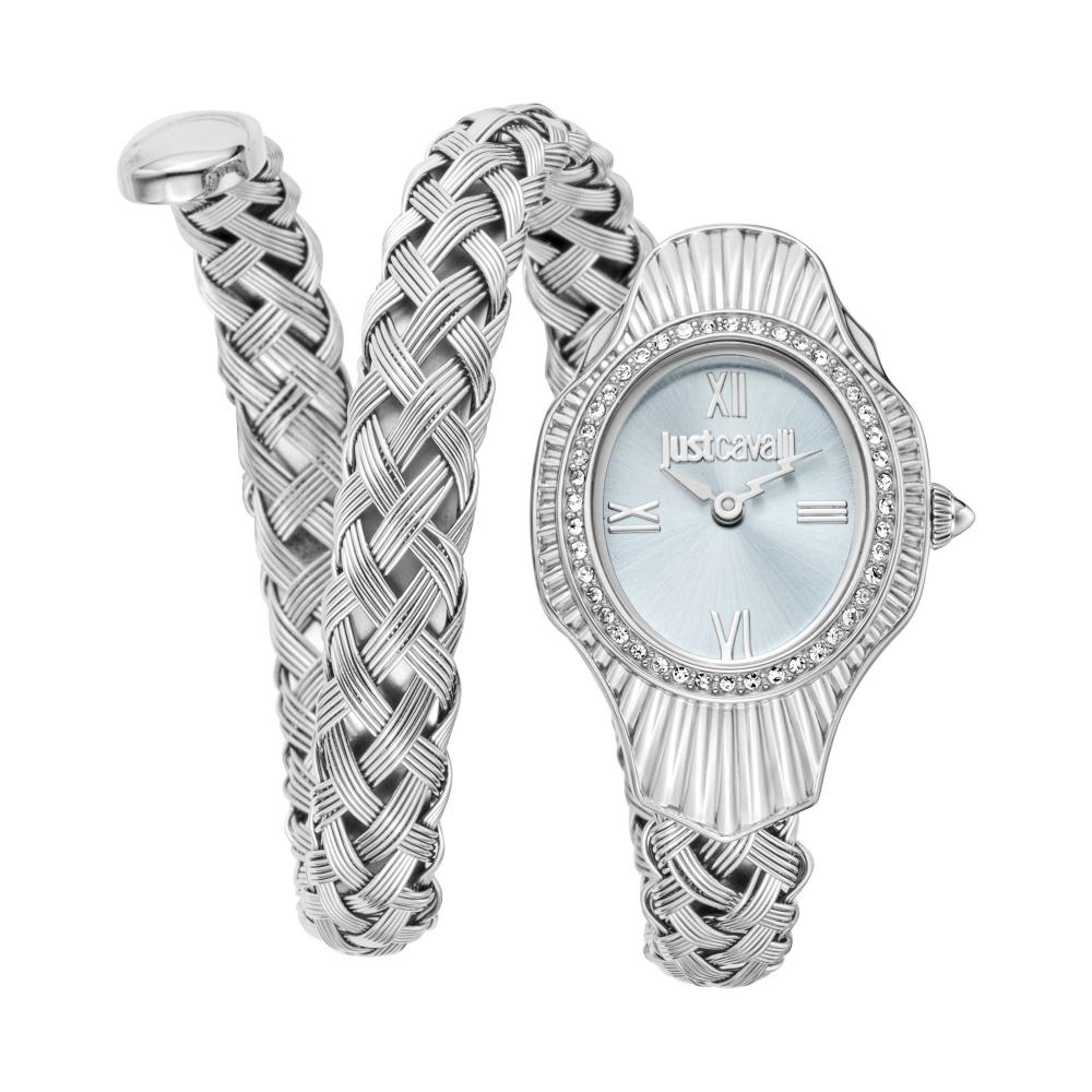 Just Cavalli Twined silver wrap watch with turquoise dial and crystal bezel
