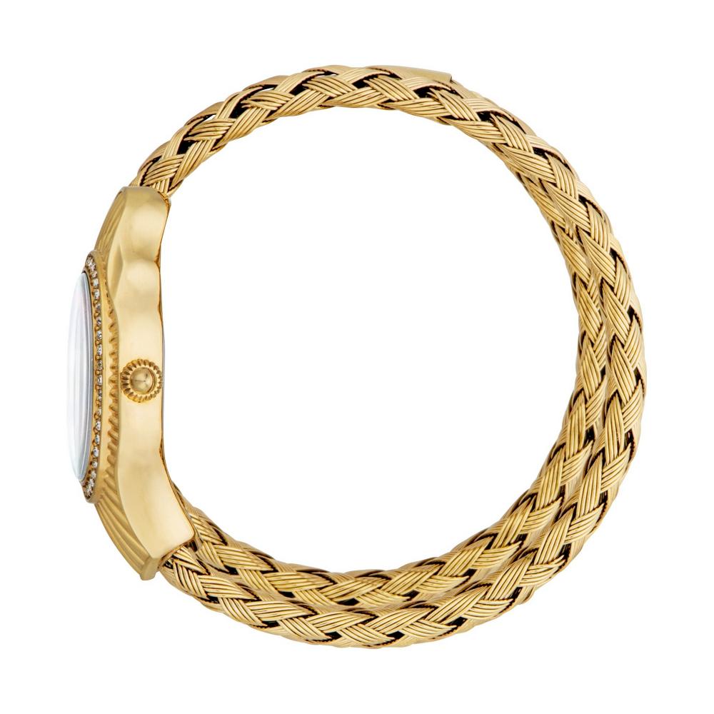Just Cavalli JC1L305M0025 gold women's watch worn on wrist with braided strap