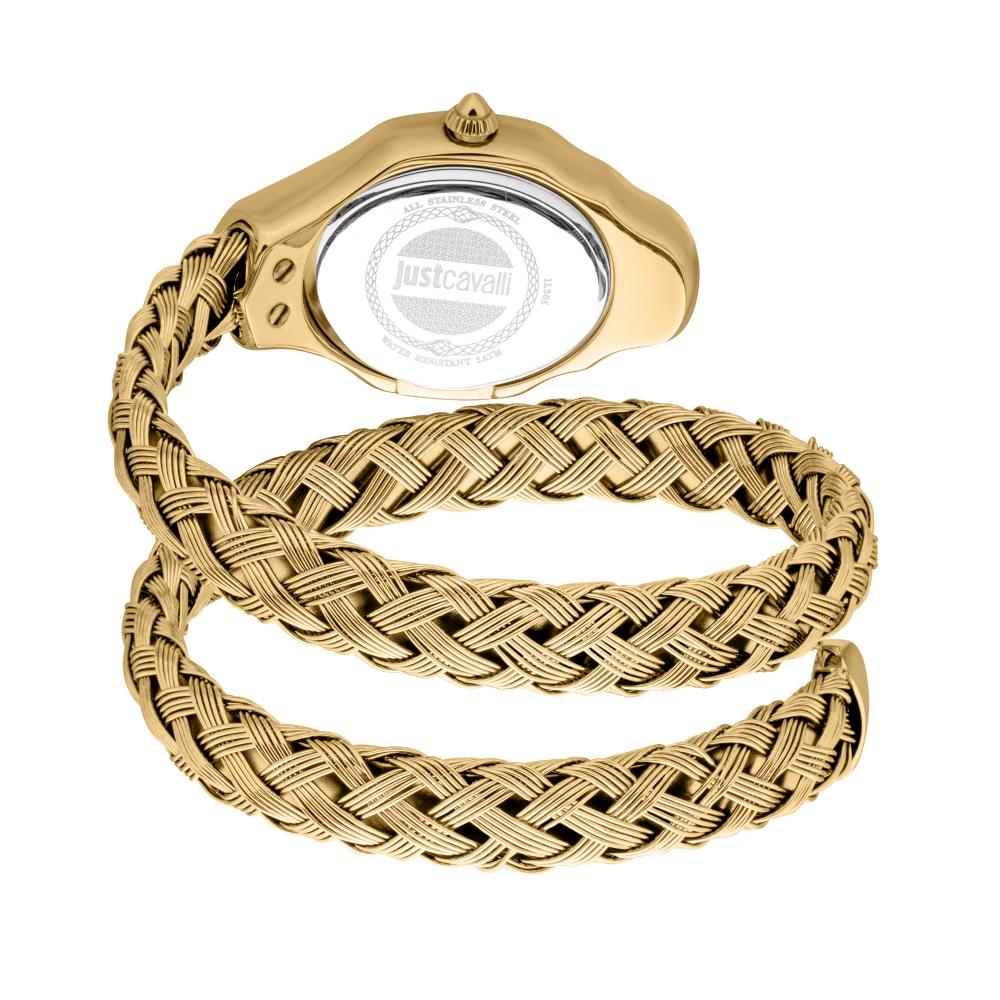 Just Cavalli JC1L305M0025 gold watch showing caseback and multiple braided snake strap wraps