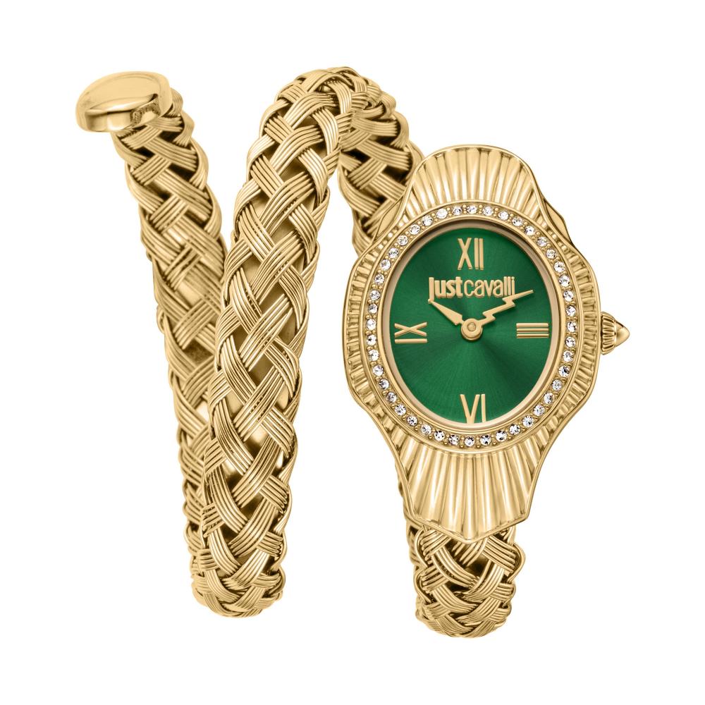 Just Cavalli Signature Snake Twined yellow gold women's watch with green dial and crystal-set bezel