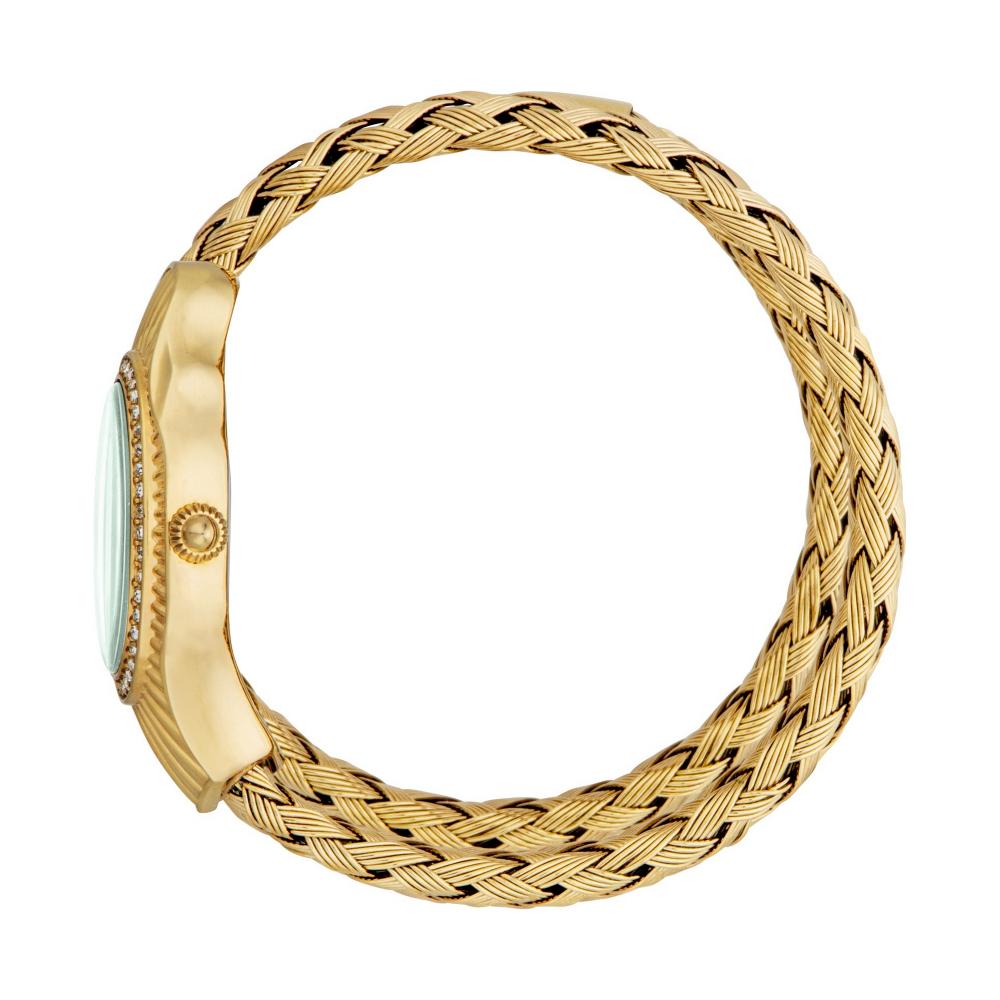 Just Cavalli Signature Snake Twined watch worn on wrist displaying yellow gold braided strap and green dial