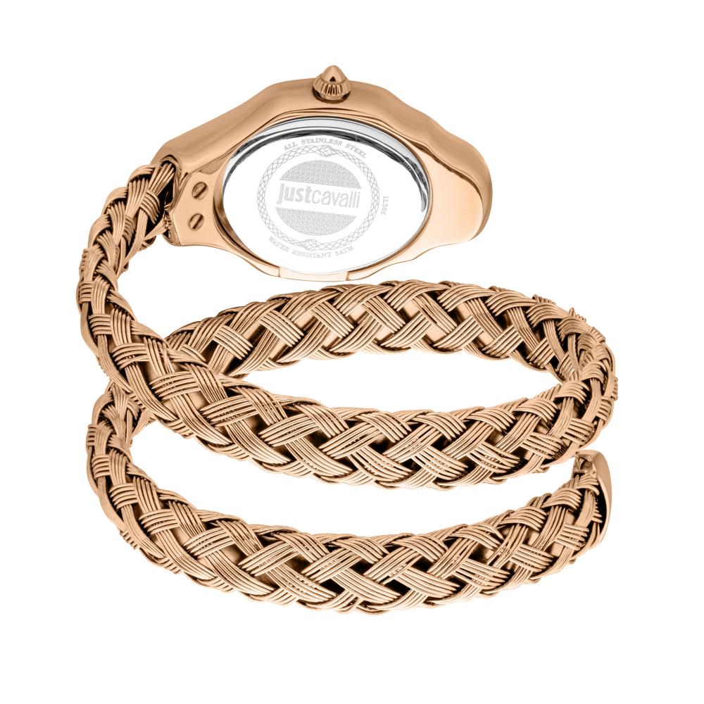 Just Cavalli Twined watch from angle showing case-back and triple-wrap braided strap