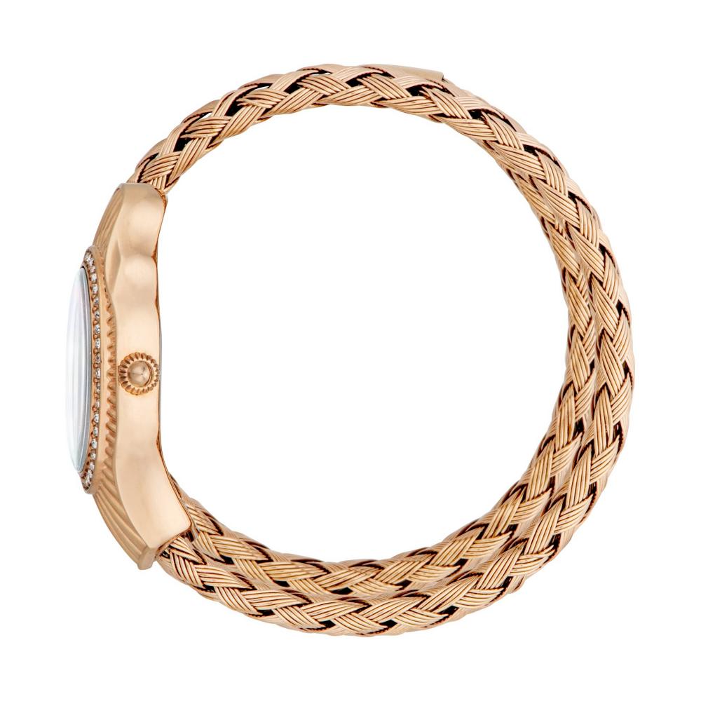 Just Cavalli Twined watch on wrist displaying interwoven rose gold bracelet design