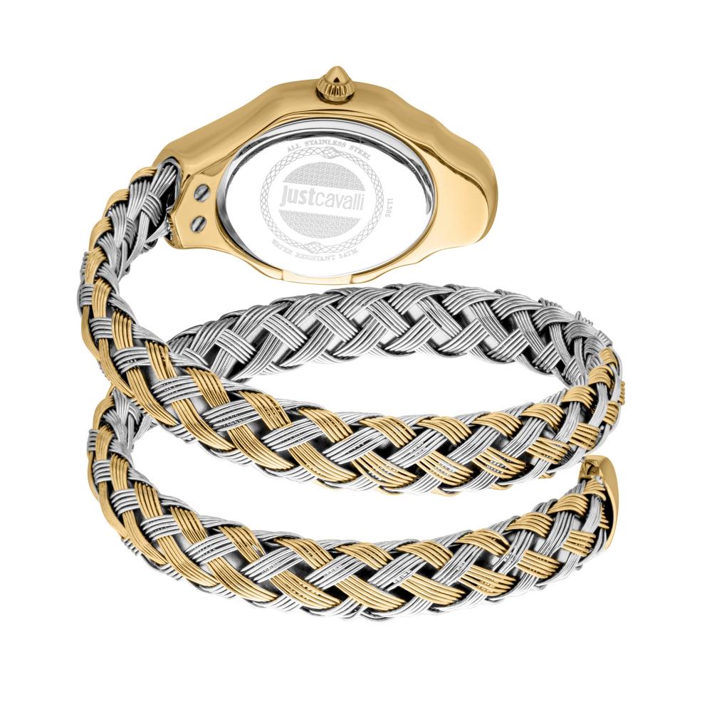 Just Cavalli Signature Snake Twined Lady watch from angled view showing case profile and snake-patterned bracelet wrapping