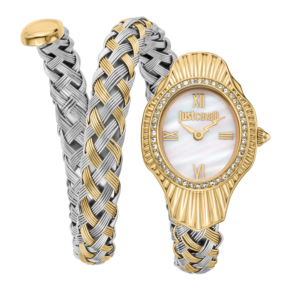 Just Cavalli Signature Snake Twined Lady gold and silver oval watch with snake-pattern bracelet and rhinestone bezel